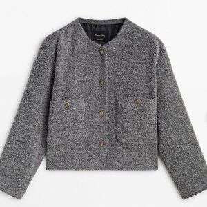 Massimo Dutti Drop Shoulder Textured Gold Button Jacket